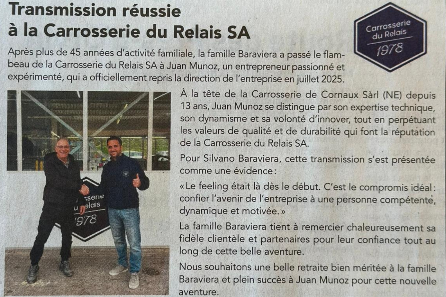 Article de presse annonçant la transmission de la Carrosserie du Relais SA à Juan Munoz, avec photo de la passation entre Silvano Baraviera et Juan Munoz à Sonceboz-Sombeval, Jura bernois.