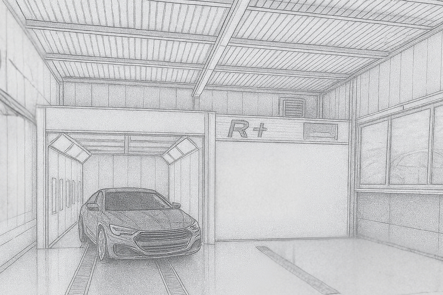 Croquis architectural d’une cabine de peinture automobile moderne avec un véhicule, représentant l’atelier de la Carrosserie du Relais à Sonceboz-Sombeval, Jura bernois.