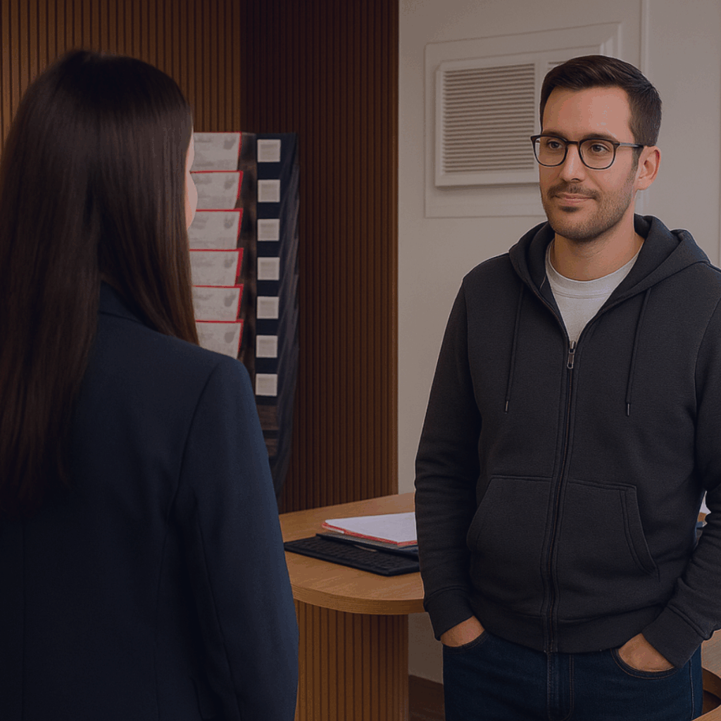 Conseillère de la Carrosserie du Relais SA accueillant un client pour la gestion de son sinistre automobile à Sonceboz-Sombeval, Jura bernois.