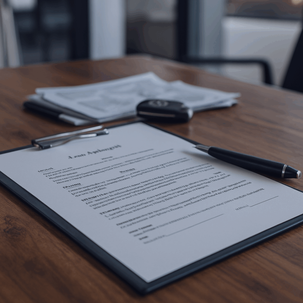 Contrat de réparation ou de leasing automobile posé sur un bureau avec un stylo et des clés de voiture – Carrosserie du Relais, Sonceboz-Sombeval.