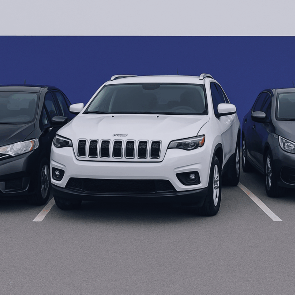 Véhicules de courtoisie stationnés sur le parking de la Carrosserie du Relais SA à Sonceboz-Sombeval, Jura bernois.