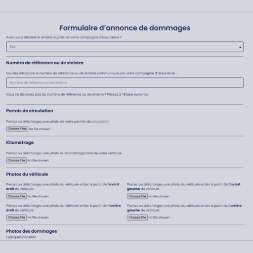 Formulaire d’annonce de dommages en ligne sur le site de la Carrosserie du Relais SA à Sonceboz-Sombeval, Jura bernois.